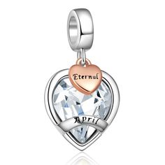 PRICES MAY VARY. [Material]: Birthstone Charm is made of Copper,plated with white gold. Lead free, nickel free, this charms is friendly to sensitive skin. High quality cubic zirconia catch the light from every angle, and the sparkle is very brilliant. [Design]: The birthstone charm has a crystal clear CZ, "April" engraved on the charm, and "Eternal" engraved on a rose gold dangle heart. April Birthstone symbolizes eternal, represents your expectation of the love between you and the one you loved Silver Heart Charms For Birthday, White Heart Pendant Jewelry For Birthday, Heart Charm For Birthday And Mother's Day, White Heart Beads Jewelry For Birthday, White Heart-shaped Jewelry For Birthday, White Heart Pendant Jewelry For Birthday Gift, Silver Heart Charm For Birthday, Personalized White Charms For Mother's Day, White Jewelry For Birthday On Valentine's Day