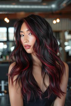 28 Red Highlights On Black Hair Hairstyles That'll Have Everyone Asking 'Who's Your Colorist?' Black Hair With Red Underneath Wolfcut, Black Hair Dark Red Highlights, Red Hair Streaks Brown, Black Hair Copper Highlights, Dark Red Highlights On Dark Hair, Red Roots Black Hair, Black Hair Red Highlights, Black And Red Highlights, Red Highlights On Black Hair