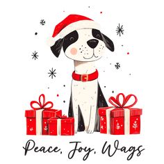 a black and white dog wearing a santa hat next to christmas presents with the words peace, joy, wags