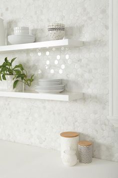 two white shelves with plates and cups on them, one has a potted plant