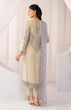 Brand: ZarifProduct Code: ZMU-08 AFSANAHCollection: Maheer by Zarif Unstitched Luxury Formals CollectionFabric: Net DESIGN DETAILS: Shirt Front:Sequins Embroidered Chiffon Shirt Back:Sequins Embroidered Chiffon Sleeves:Sequins Embroidered Chiffon Dupatta:Contrast Sequins Embroidered Net Front & Back Lace:Sequins Embroidered Sleeves Lace:Sequins Embroidered Trouser:Dyed Raw Silk DISCLAIMER:* Lining, Laces, and Tassels are not included in unstitched variants.* Embellishment items in stitched outfi Dress Designs For Stitching, Net Design, Modest Girl, Semi Formal Wear, Chiffon Sleeves, Chiffon Collection, Embroidered Sleeves, Embroidered Chiffon, Velvet Collection