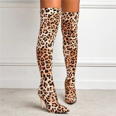 Leopard Print Knee High Stiletto Boots, Fashionable Pointed Toe Over-The-Knee Boots For Daily Wear, Women's Boots For Fall & Winter #Animalprint #Leopard #Cheetah #Boots #Heels Door Shoes, Leopard Print Boots, Heel Stretch, Fabric Boots, Elegant Heels, Womens Sandals Summer, Womens Summer Shoes, Pointed Toe Boots, Point Shoes