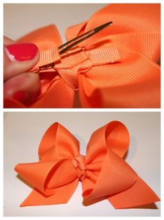 an orange bow being sewn with scissors