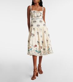 Cotton Embroidered Dress For Garden Party, Floral Print Linen Midi Dress, Cotton Embroidered Midi Dress For Garden Party, Spring Cotton Embroidered Midi Dress, Summer Linen Embroidered Dress For Garden Party, Fitted Linen Embroidered Summer Dress, Summer Embroidered Linen Dress For Garden Party, Spring Embroidered Cotton Midi Dress, Spring Cotton Midi Dress With Floral Embroidery