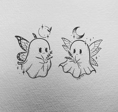 two little birds with wings and stars on their heads are drawn in black ink by hand