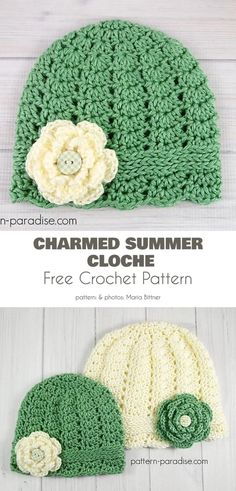 two crocheted hats with flowers on them, one is green and the other is white