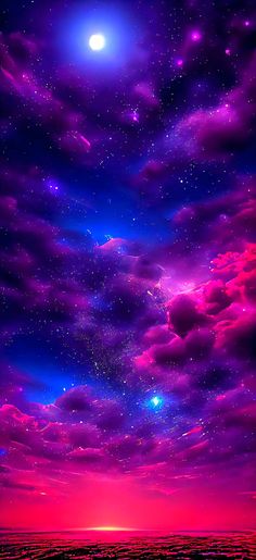 the night sky is filled with stars and clouds, as well as some bright colors