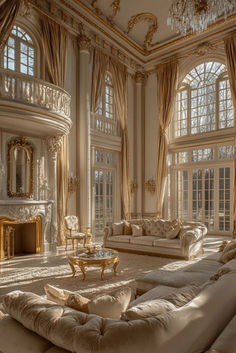 a living room with couches, chairs and chandelier in the middle of it