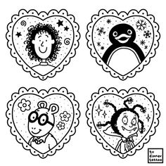 four heart shaped stickers with cartoon characters in the shape of hearts, one girl and one boy