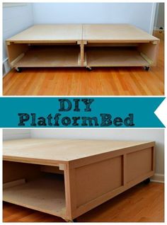 diy platform bed with wheels on the bottom and bottom, in two different stages