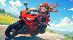 a woman riding on the back of a red motorcycle in front of a blue sky