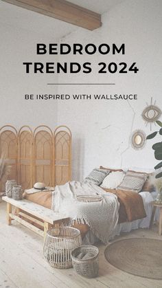 a bed room with white walls and wooden floors is featured in this advert for wallasure