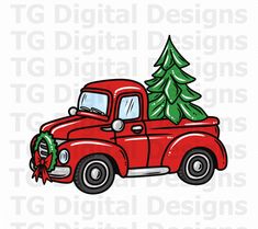 an old red truck with a christmas tree on the back and lettering that says digital designs