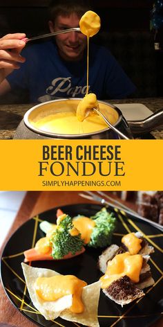 a man is eating cheese from a plate with broccoli and other foods on it