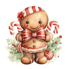 a watercolor painting of a gingerbread man with candy canes