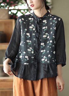 Fashion Black Print Patchwork Linen Shirt Three Quarter Sleeve Black Patchwork Blouse For Fall, Casual Black Patchwork Shirt, Casual Black Shirt With Patchwork, Black Long Sleeve Patchwork Top, Black Long Sleeve Patchwork Blouse, Black Long Sleeve Blouse With Patchwork, Black Cotton Patchwork Blouse, Black Cotton Blouse With Patchwork, Casual Patchwork Tops For Work