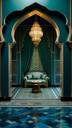 a living room with a couch and chandelier