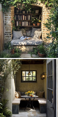 Collage showcasing a stone archway garden nook and a minimalist concrete seating area.