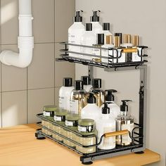 a bathroom shelf filled with lots of different items