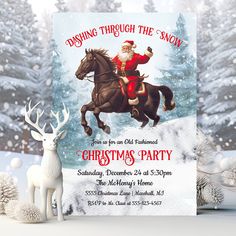 a christmas party flyer with santa riding a horse