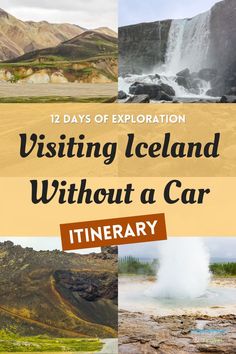 Clockwise from top left: View of brown and green mountains in Iceland; A waterfall in Thingvellir national park; An active geyser; A volcano crater Reykjanes Peninsula, Visiting Iceland, Thingvellir National Park, The Blue Lagoon, Diamond Beach, Iceland Reykjavik, Visit Iceland, Golden Circle