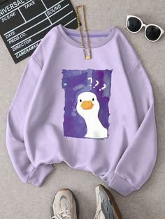 Plus Size Cartoon Printed Fleece Lined Long Sleeve Sweatshirt For Winter Lilac Purple Casual  Long Sleeve Fabric Cartoon Pullovers Slight Stretch Fall/Winter Women Plus Clothing, size features are:Bust: ,Length: ,Sleeve Length: Sweatshirt Outfits, Purple Clothing, Aesthetic Sweatshirt, Duck Print, Womens Sweatshirts, Cute Dress Outfits, Sweatshirts For Women, Cute Sweatshirts, Round Neck Sweatshirts