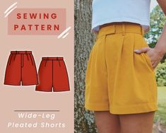 the sewing pattern for wide leg pleaed shorts is available in sizes small to large