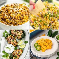 four pictures with different types of food and vegetables in them, including rice, corn, salsa