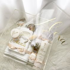 a clear box filled with personal care items on top of a furnishing floor