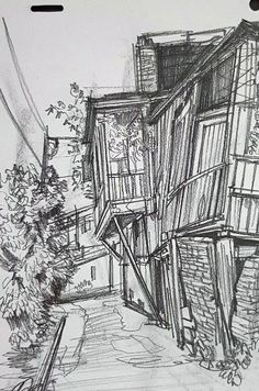 a pencil drawing of an alleyway with trees and buildings on either side by itself