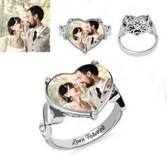 a heart shaped ring with two pictures on the front and back, next to an engagement ring