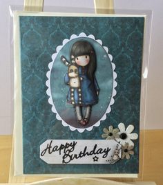 a handmade birthday card with a girl holding a teddy bear and the words happy birthday written on it