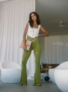 Green Pants Outfit, High Waisted Flare Pants, College Fits, Pants Green, Fleece Dress, Corsets And Bustiers, High Waisted Flares, Green Pants, Loungewear Sets