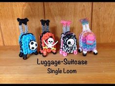 four small crocheted dolls are lined up on a wooden surface with the caption luggage - suitcase single loom