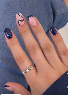 Dark Navy Blue And Silver Nails, Nail Art Square Nails, Hawaii Nails