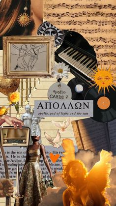 a collage of art, music and flowers with an image of a woman in gold dress