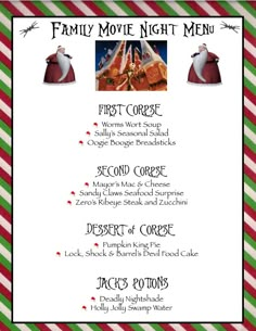 a menu for a family movie night with santa's sleigh and candy canes