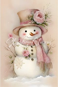 a painting of a snowman wearing a pink hat and scarf with flowers on his head