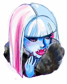 a drawing of a girl with blue eyes and pink hair holding a rock in her hand