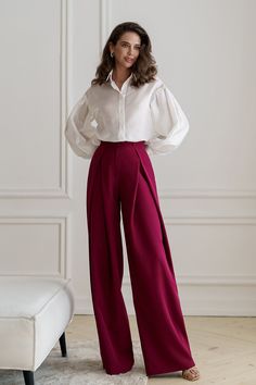 Fabric: crepe Cotton 65%, Polyester 35% High rise Palazzo style pants Pants length: 115 cm/ 45.27 in Pants inseam length: 85 cm/ 33.46 in Burgundy Palazzo Pants Outfit, Palazzo Pants Outfit Work, Crepe Pants Outfit, How To Style Palazzo Pants Casual, Plazzo Designs Pants, Palazzo Pants Winter, Bordeaux Outfit, Curvy Winter Outfits