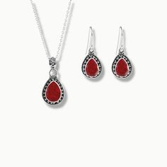 Amalfi is a beautiful earrings and necklace jewelry set featuring cushion cut pear shaped Ruby gemstones nestled inside a finely detailed, sterling silver frame. Amalfi jewelry set is the perfect pick-me-up when you need that extra sparkle with it's ethereal, vintage-inspired design in silver. Known as the stone of divine creativity, Ruby helps boost your energy levels and promotes high self-esteem, intuition, and spiritual wisdom. Rubies are a symbol of good fortune, pure love, and loyalty. Hig Fine Jewelry Silver Teardrop Jewelry Sets, Classic Teardrop Jewelry With Gemstone Accents, Elegant Oxidized Drop Jewelry, Classic Teardrop Gemstone Jewelry, Sterling Silver Teardrop Jewelry With Gemstone Accents, Classic Sterling Silver Gemstone Jewelry Sets, Classic Sterling Silver Jewelry Sets With Gemstones, Elegant Sterling Silver Jewelry Sets With Oxidized Finish, Raw Ruby