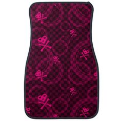 pink and black checkered pattern with skulls, crossbones and hearts on it