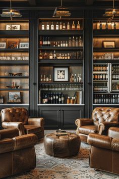 a living room filled with lots of leather furniture and shelves full of bottles on the wall