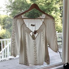 Abercrombie & Fitch Cream Sheer Blouse. 3/4 Length Sleeves. New With Tags. Size Small Bohemian Spring Tops With 3/4 Sleeves, Summer Peasant Top With 3/4 Sleeves, Peasant Style 3/4 Sleeve Summer Top, Peasant Style 3/4 Sleeve Top For Summer, Summer Brunch Blouse With 3/4 Sleeves, Bohemian Half Sleeve Tops For Day Out, Bohemian Blouse With 3/4 Sleeves For Daywear, Half-sleeve Cotton Blouse For Brunch, Cotton Half Sleeve Blouse For Brunch