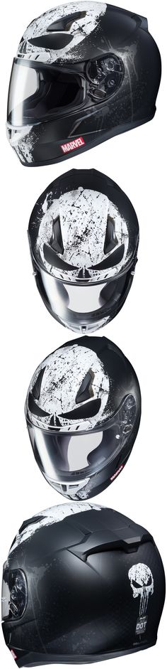 three different views of the front and back of a motorcycle helmet with skulls on it