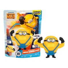 two yellow and blue toys are in front of a package with the same character on it