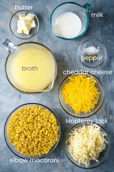 the ingredients to make macaroni and cheese are shown in bowls