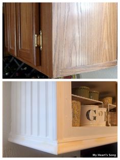 two pictures of kitchen cabinets with the doors open and one has an upper drawer on it