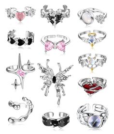 PRICES MAY VARY. 🍧🍧【Fashion Ring Set】Receive 13Pcs stunning silver punk rings in this unique ring set. This stylish ring set combines modern design with classic style, including silver butterfly ring, pink bow ring, pink heart ring, black heart ring, bat style ring, star ring, and other fashion irregular y2k rings.Multiple types of cool rings provide you with different collocation choice every day, if you are punk or retro gothic style rings lover, you'll love this gothic ring set! 🍧🍧【Vintag Cute Rings On Amazon, Goth Rings, Alt Jewelry, Rings Y2k, Rings Multiple, Pink Heart Rings, Rings Gothic, Fashion Ring Set, Punk Rings