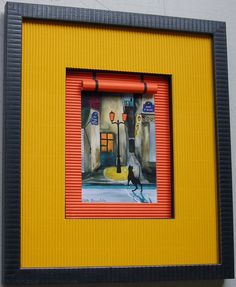 a yellow and black frame with a painting of a man walking down the street in front of a red fire hydrant